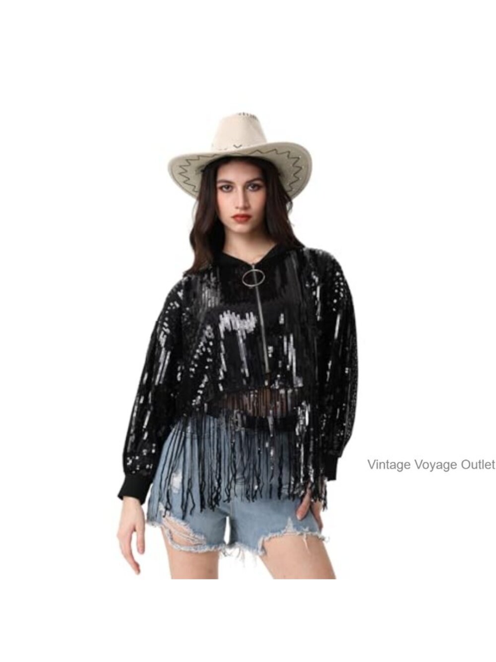 Sequin Fringe Jacket Long Sleeve Zip Up Party Western Hippie